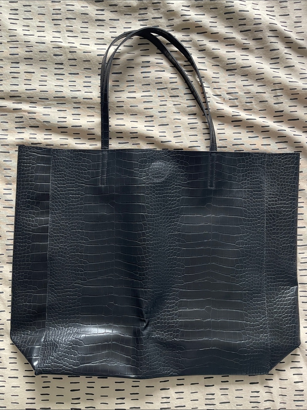 Divided Black Croc-Embossed Tote Bag